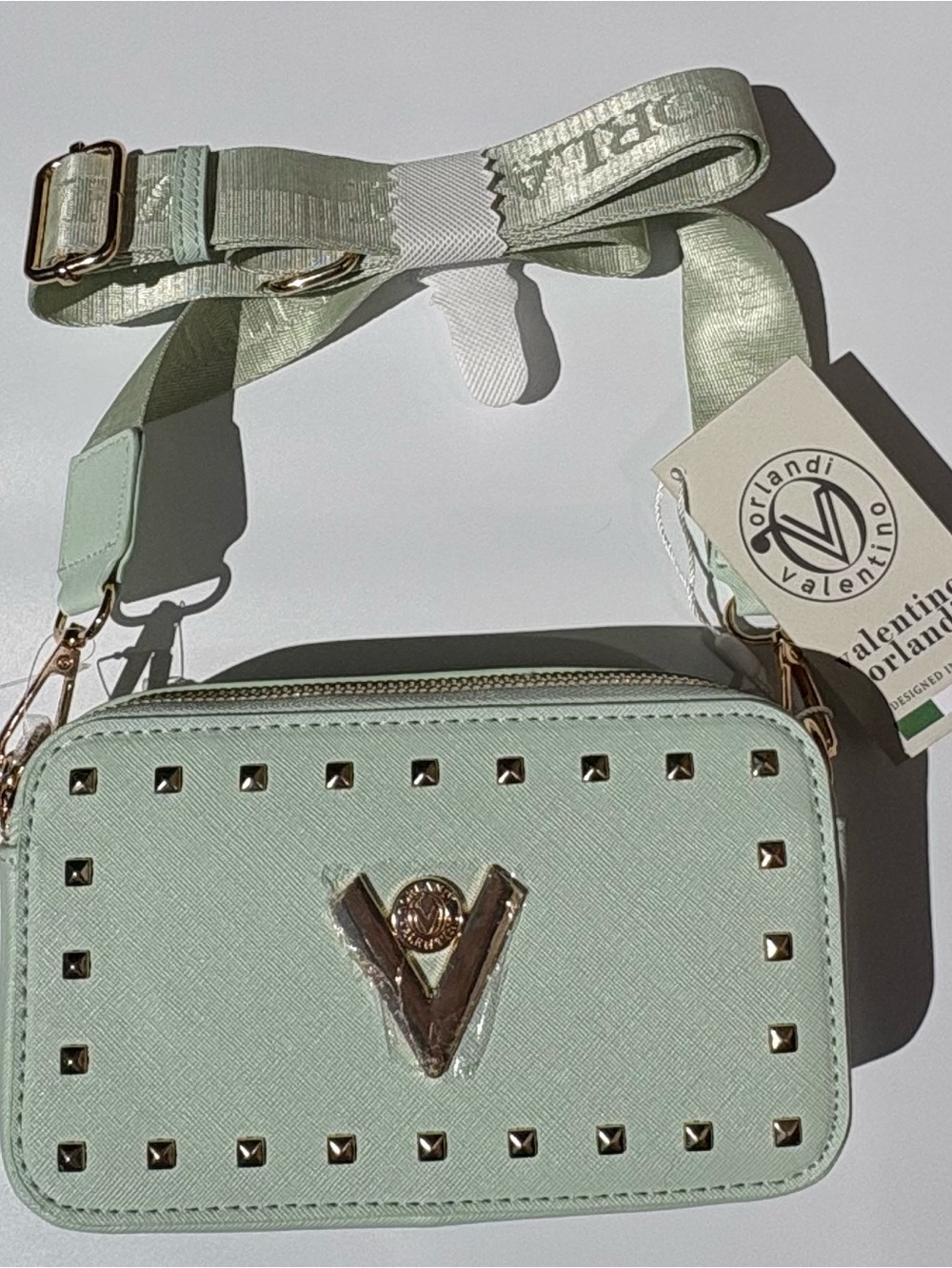 Valentino Orlandi Camera Bag Crossbody Mint Green Studded NWT